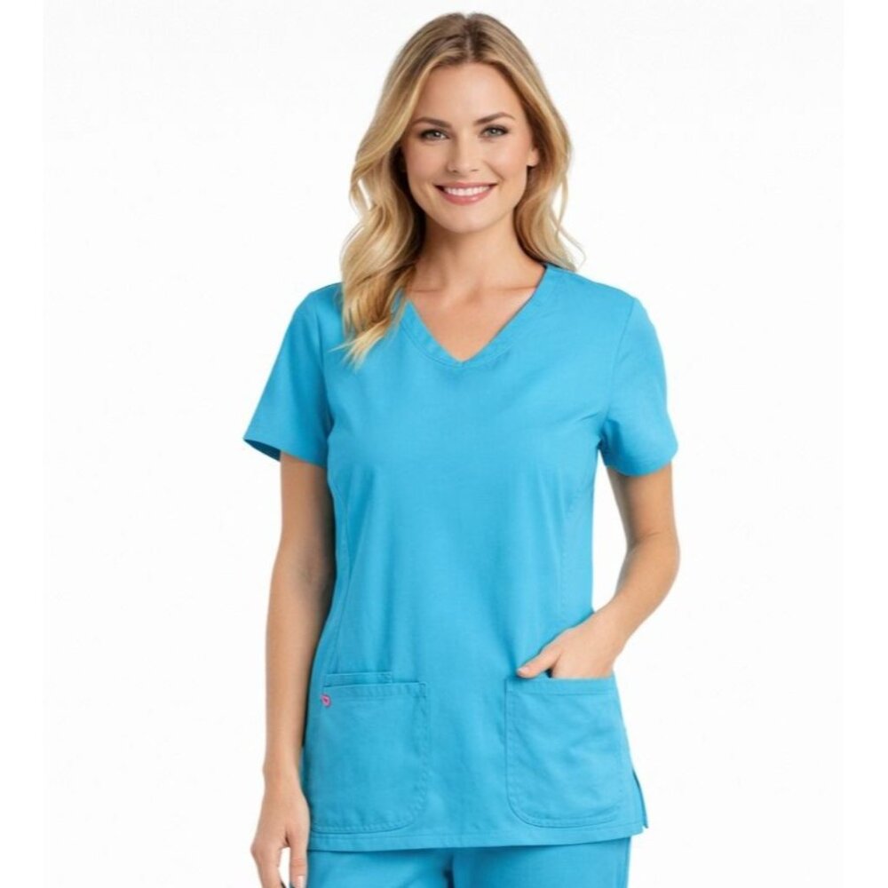 Heartsoul Scrub Top Womens Large Healthcare Pockets Blue Medical Uniform Solid